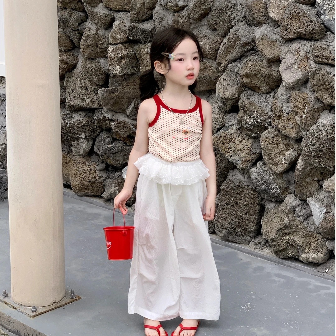 大橙子Studio女童2025夏季新款洋气宝爱心吊带背心花边休闲裤套装