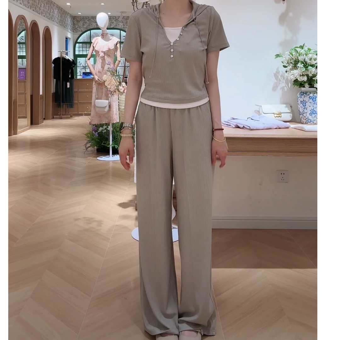 朵以2025新款休闲时尚假两件上衣显瘦阔腿裤两件套39BQ847018