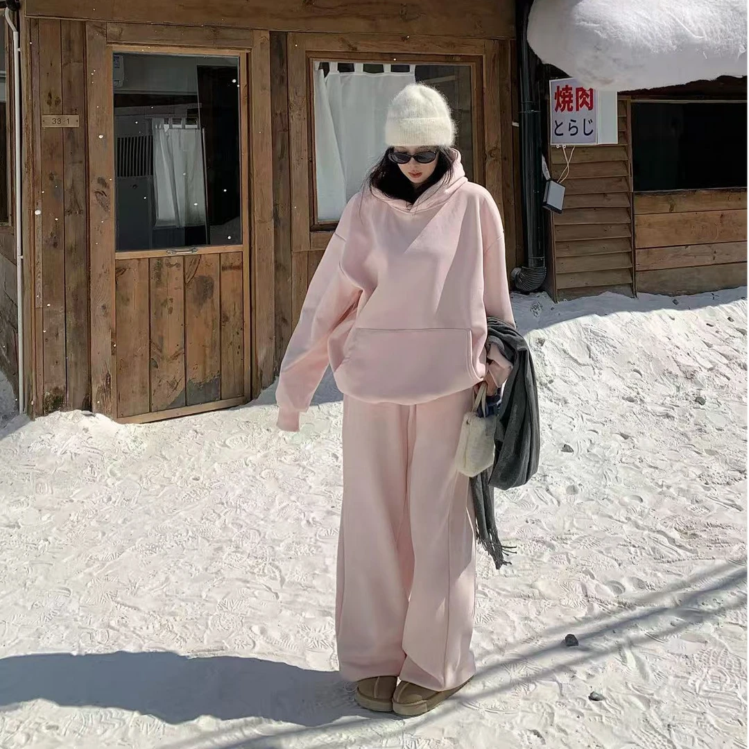 时尚套装休闲韩版冬季慵懒粉色加绒连帽宽松卫衣粉色宽松阔腿裤子