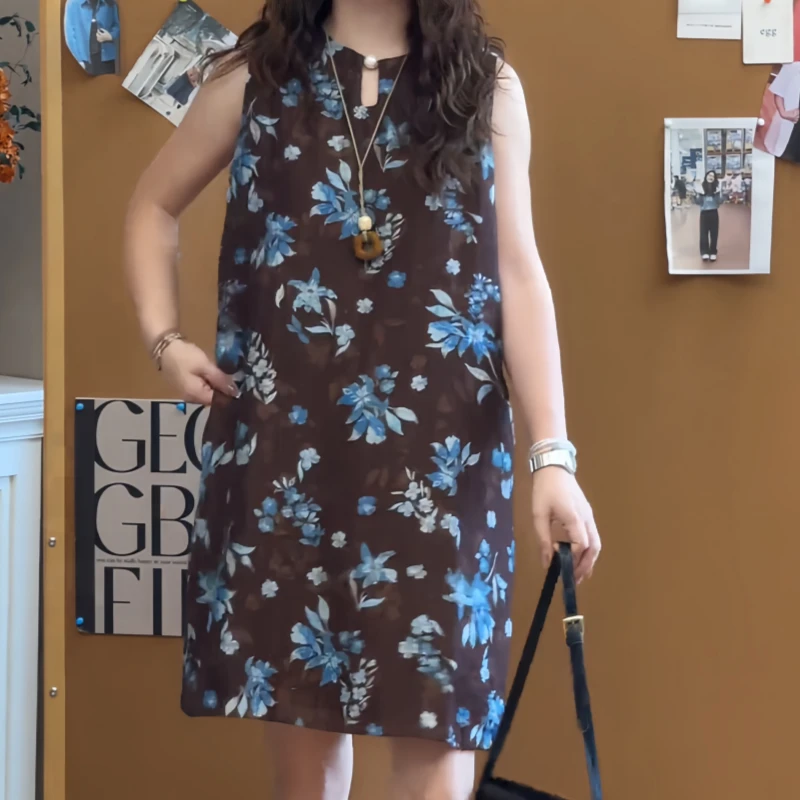 秋季胖mm时尚风气质风短裙百搭连衣裙碎花休闲简约印花无袖连衣裙