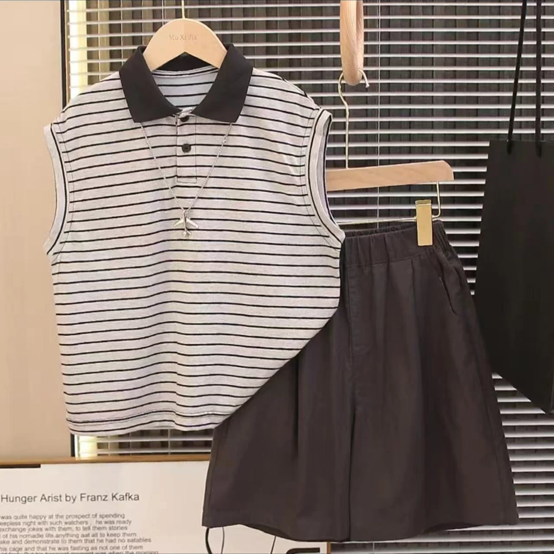 夏季套装2025新款中大童夏季薄款条纹Polo衫两件套宽松洋气00231