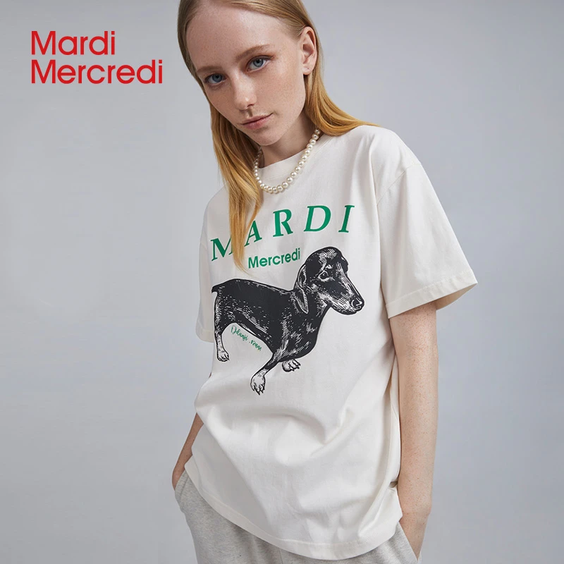 【MardiMercredi】腊肠狗字母印花粉色t恤纯棉宽松时尚J