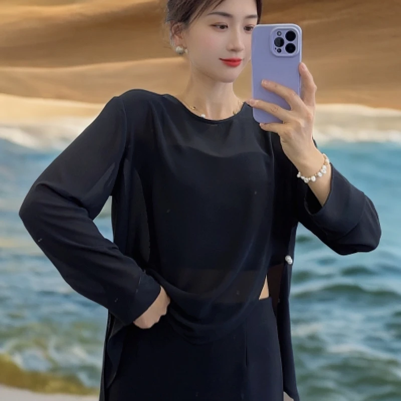 新中式盘扣立领衬衫女春季镂空薄款防晒开衫