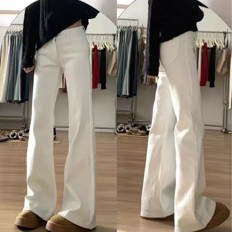 B3009新款冬季加绒美式百搭休闲时尚设计感白色高腰喇叭牛仔裤女