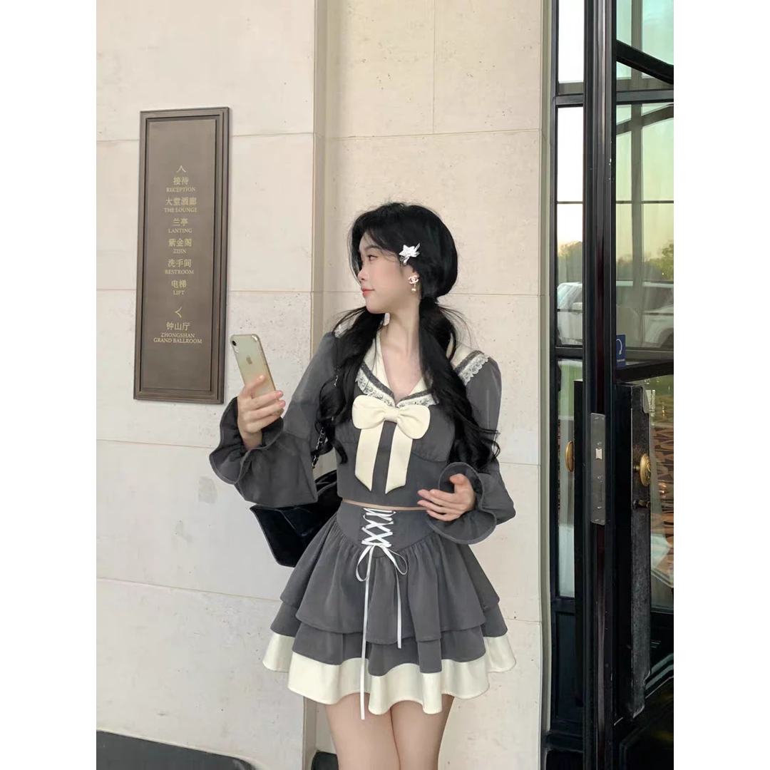 莉莉安娜蝴蝶结海军领上衣半裙套装时尚女童春秋新款韩版可爱甜美