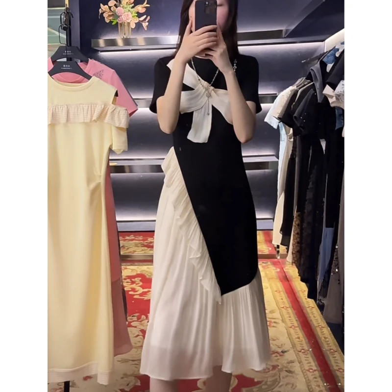 设计感撞色蝴蝶结连衣裙女2025年夏季新款法式气质赫本风裙子3688
