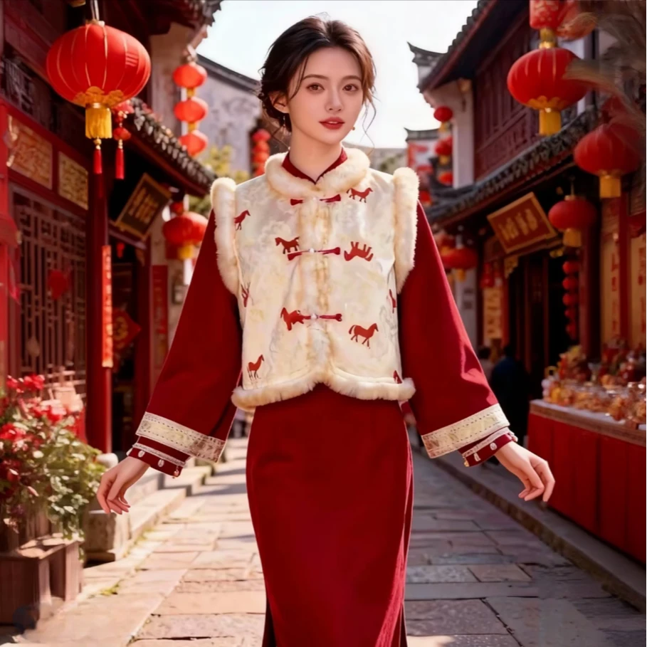 【马到成功】新款冬加绒加厚订婚套装拜年服新年战袍新中式红色旗袍