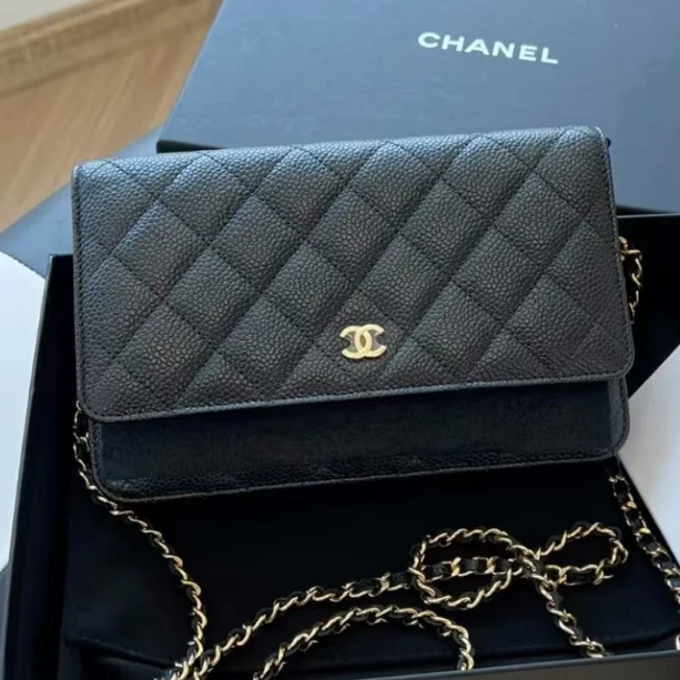 99新 Chanel/香奈儿 黑金发财woc包/经典菱格纹皮串链/斜挎单肩包