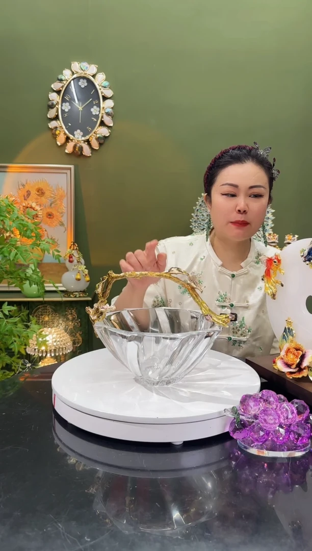 人造水晶珐琅彩提手水晶果盘