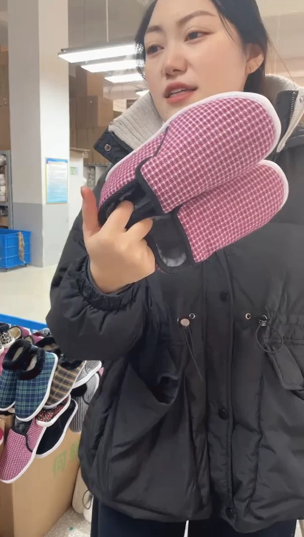 牛筋底枣红格棉鞋34码