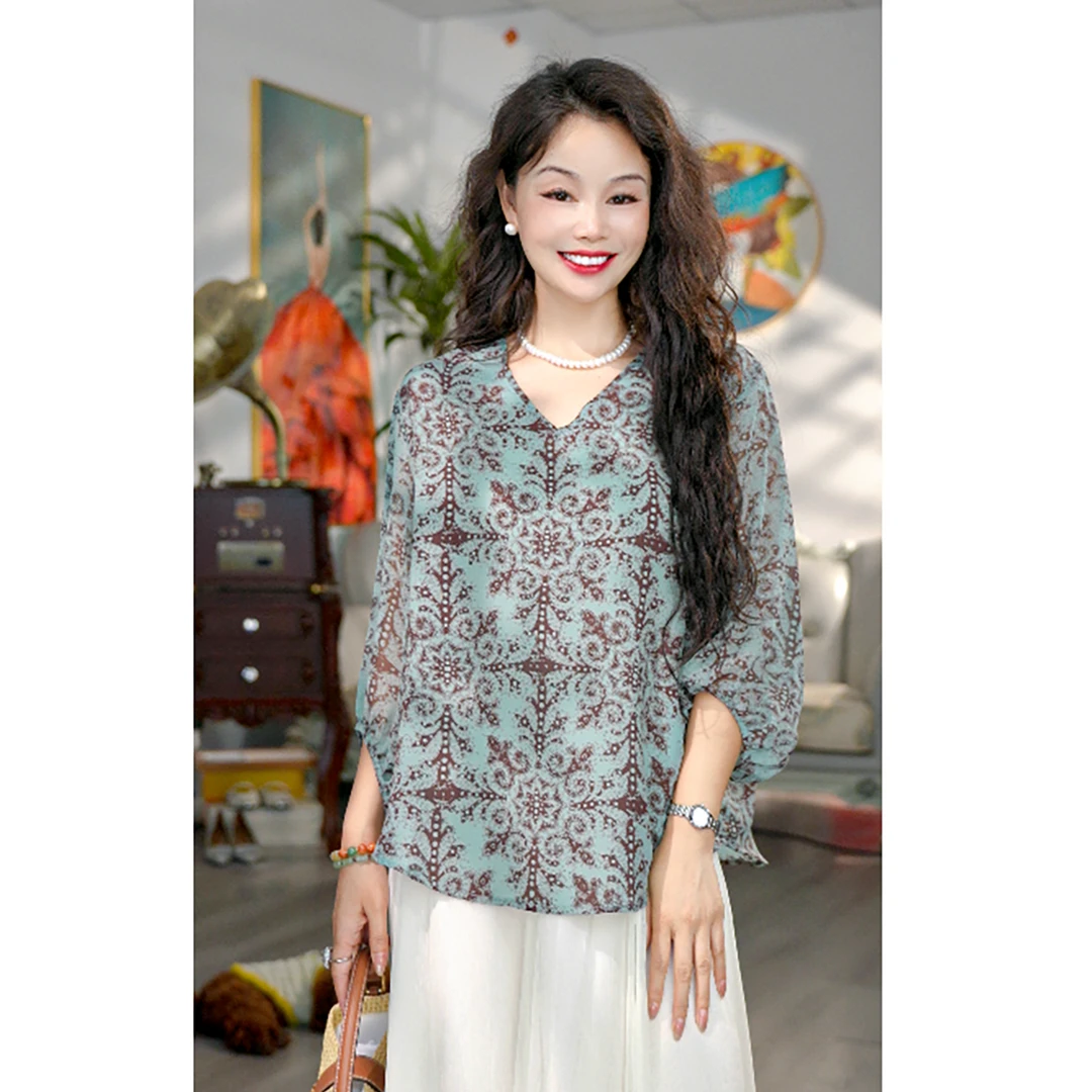 无印心匠K1861  印花V领长袖衬衣七分袖夏季宽松A528