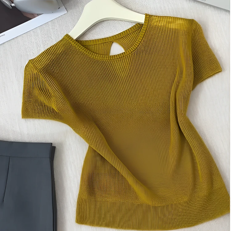 哥弟阿玛施正新款设计感圆领短袖百搭显瘦修身气质针织T恤女上衣