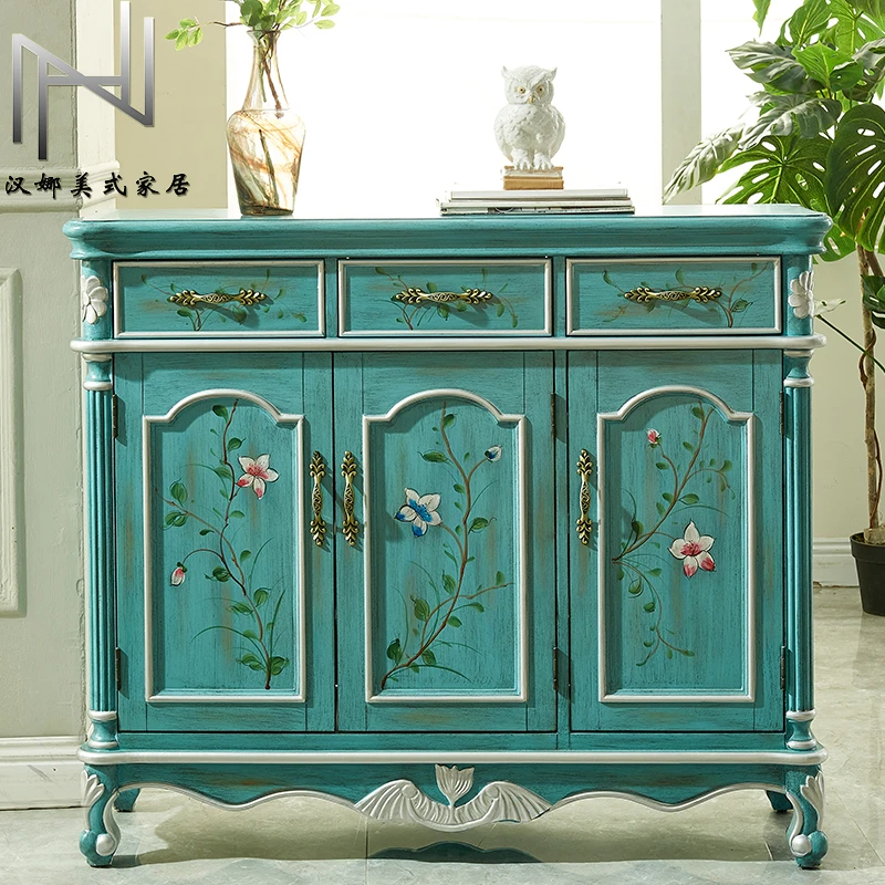 美式欧式家具乡村复古浅蓝色白色棕色活动隔板多层鞋柜玄关餐边柜