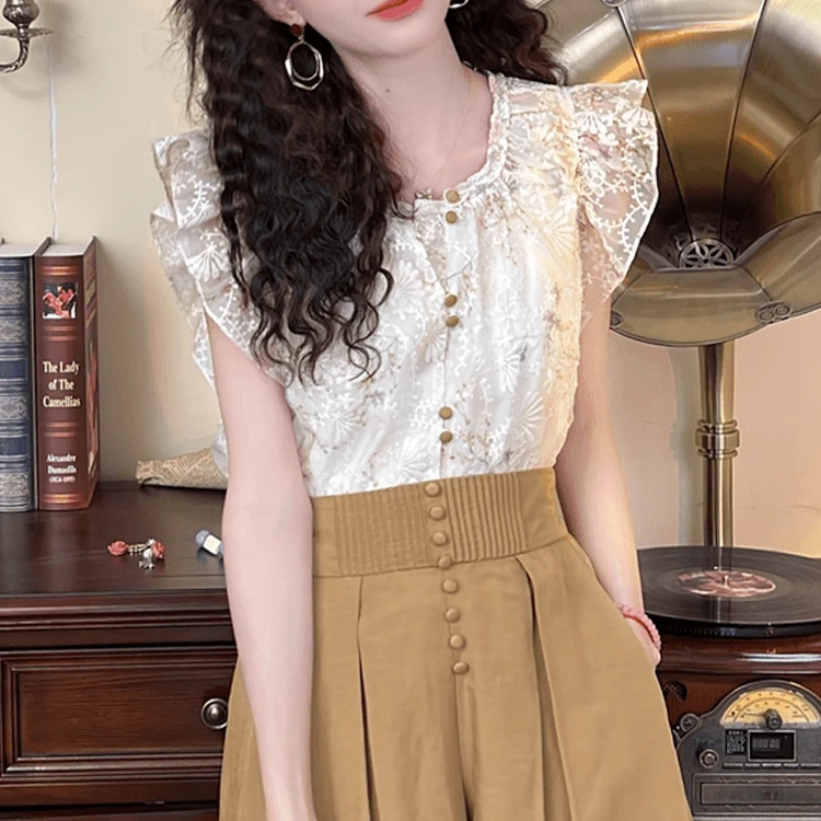 73290提花刺绣杏色显瘦衬衫女夏款2025新款夏季衬衣复古港风上衣