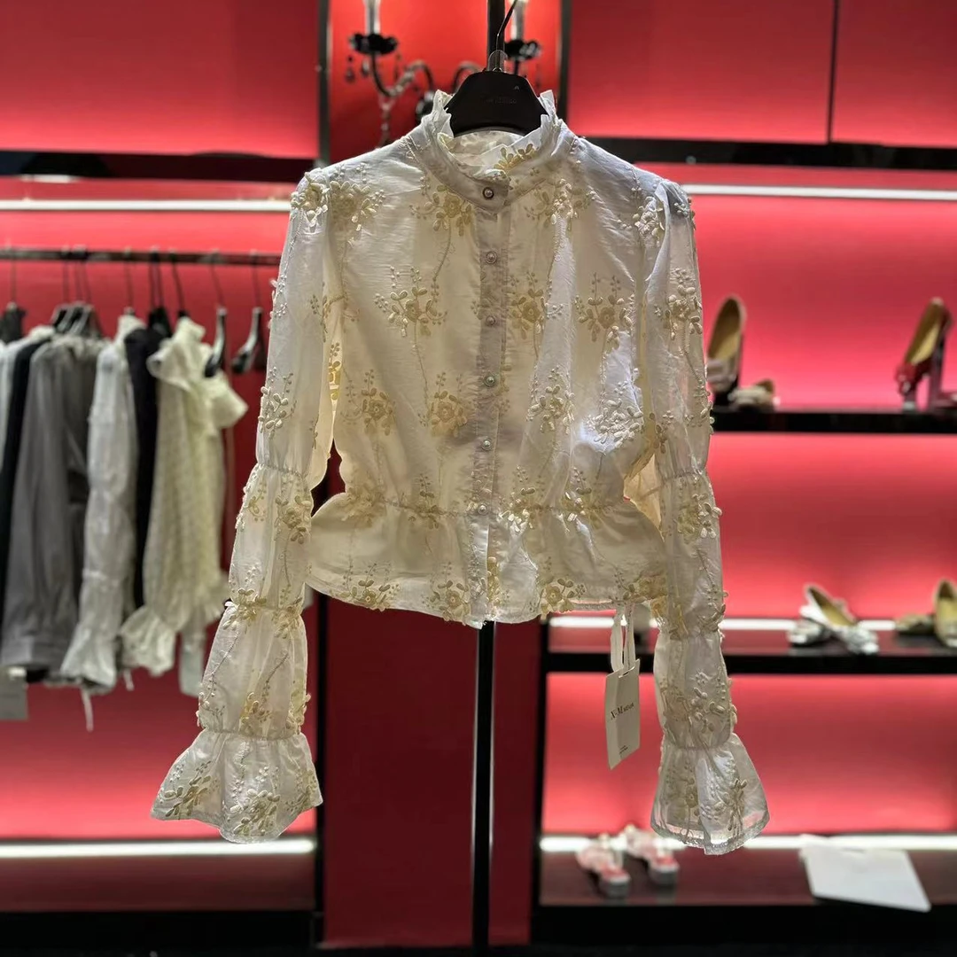 XM6608：2024秋法式重工定制面料加高领口泡泡袖衬衫设计师
