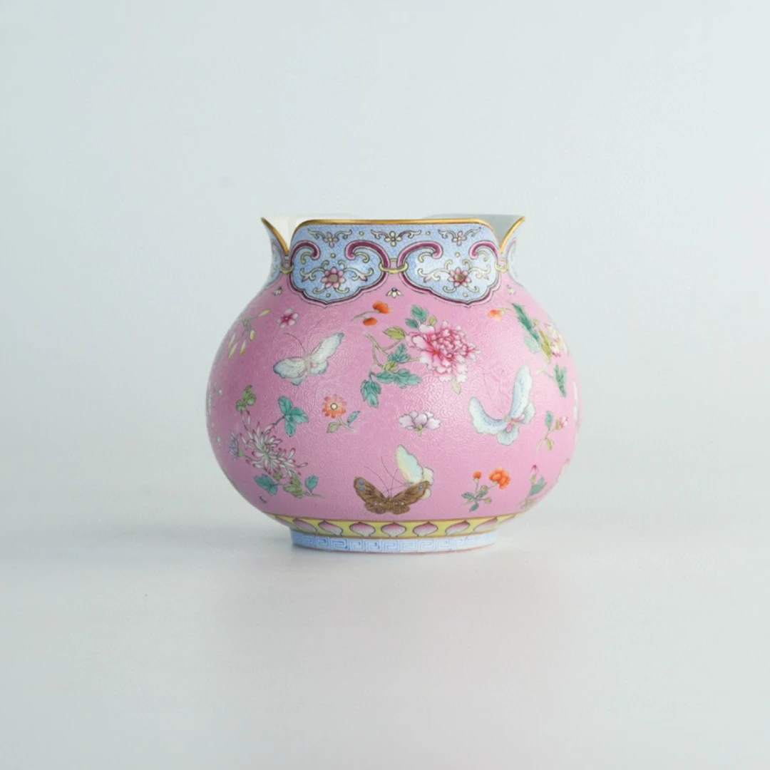 手作艺林堂怀古系列宫粉地轧道蝶恋花石榴建水