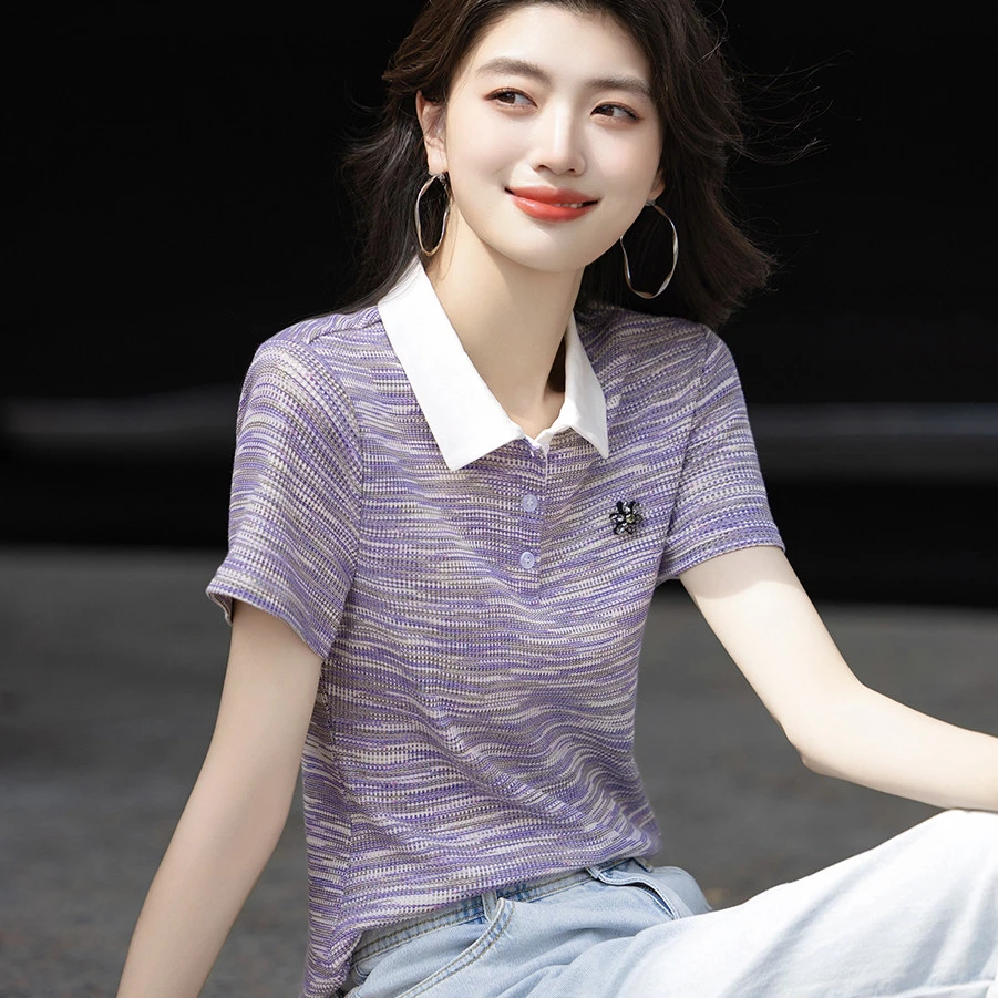 哥弟阿玛施正新款智性通勤女夏季新款撞色花纱针织polo领短袖T恤