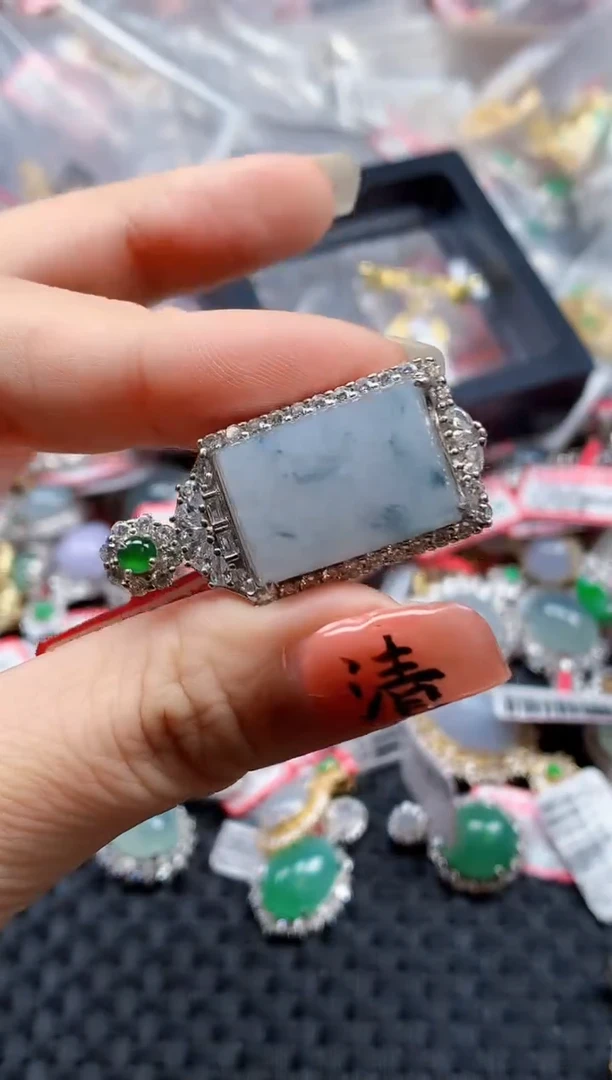 银S925镶嵌戒指翡翠天然A货缅甸翡翠