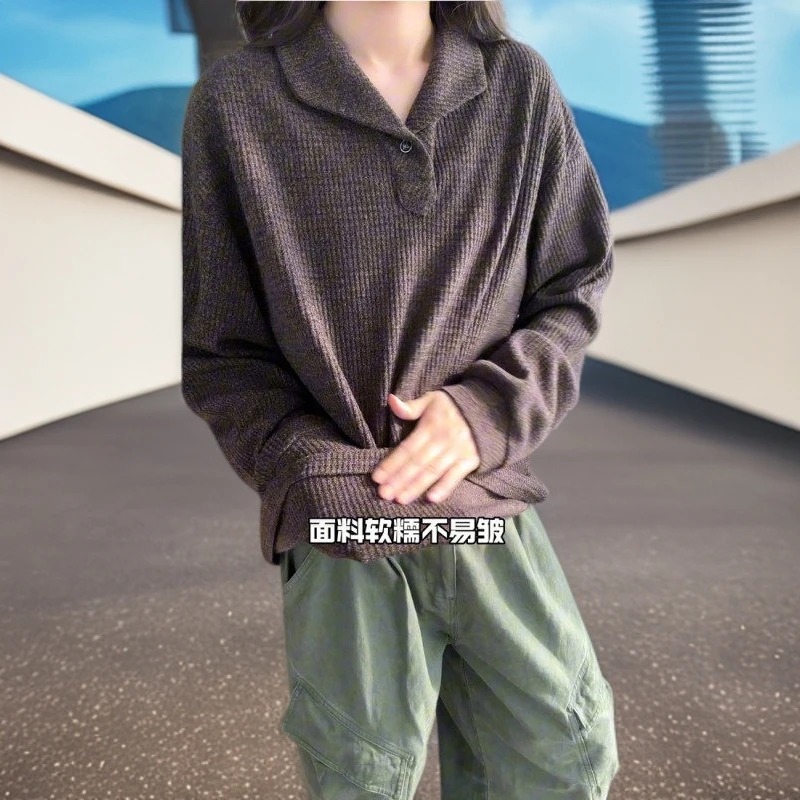 罗马格奢品正肩长袖Polo衫男老钱风百搭打底t恤V领猫眼宝石扣上衣