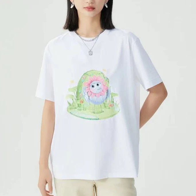 【商场同款】贝斯鸟印花T恤绣片钉珠短袖圆领宽松时尚上衣女1300901