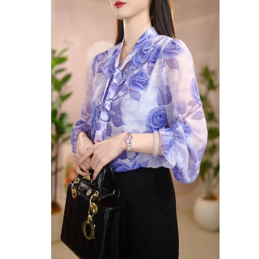 法式紫玫瑰2025夏季新款气质典雅遮肉显瘦女系带冰爽面料优雅衬衫