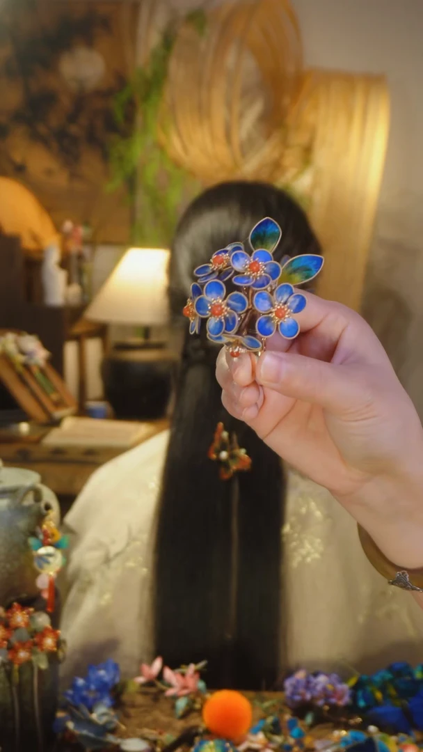 木非遗绒花只此青绿边夹带步摇