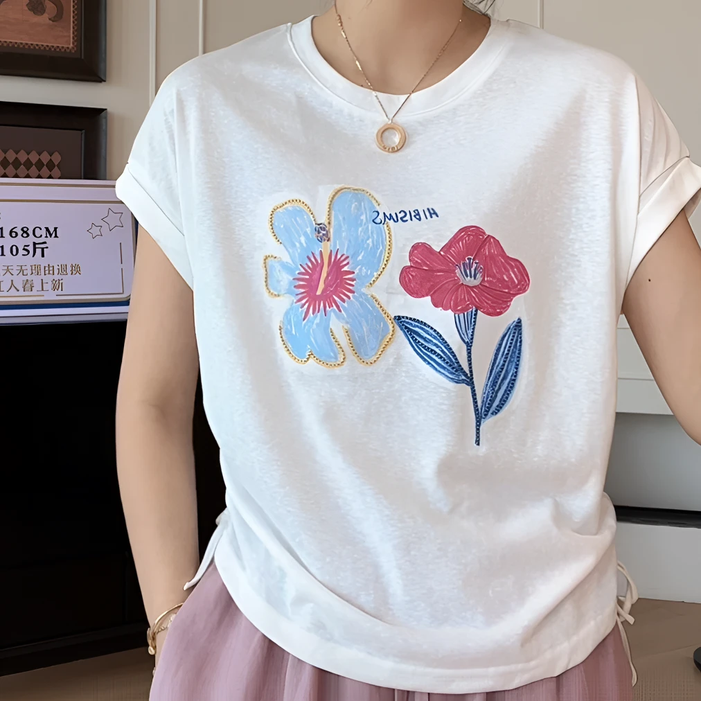 【余欢欢】夏季收腰褶皱刺绣小花休闲T恤-YHW50476