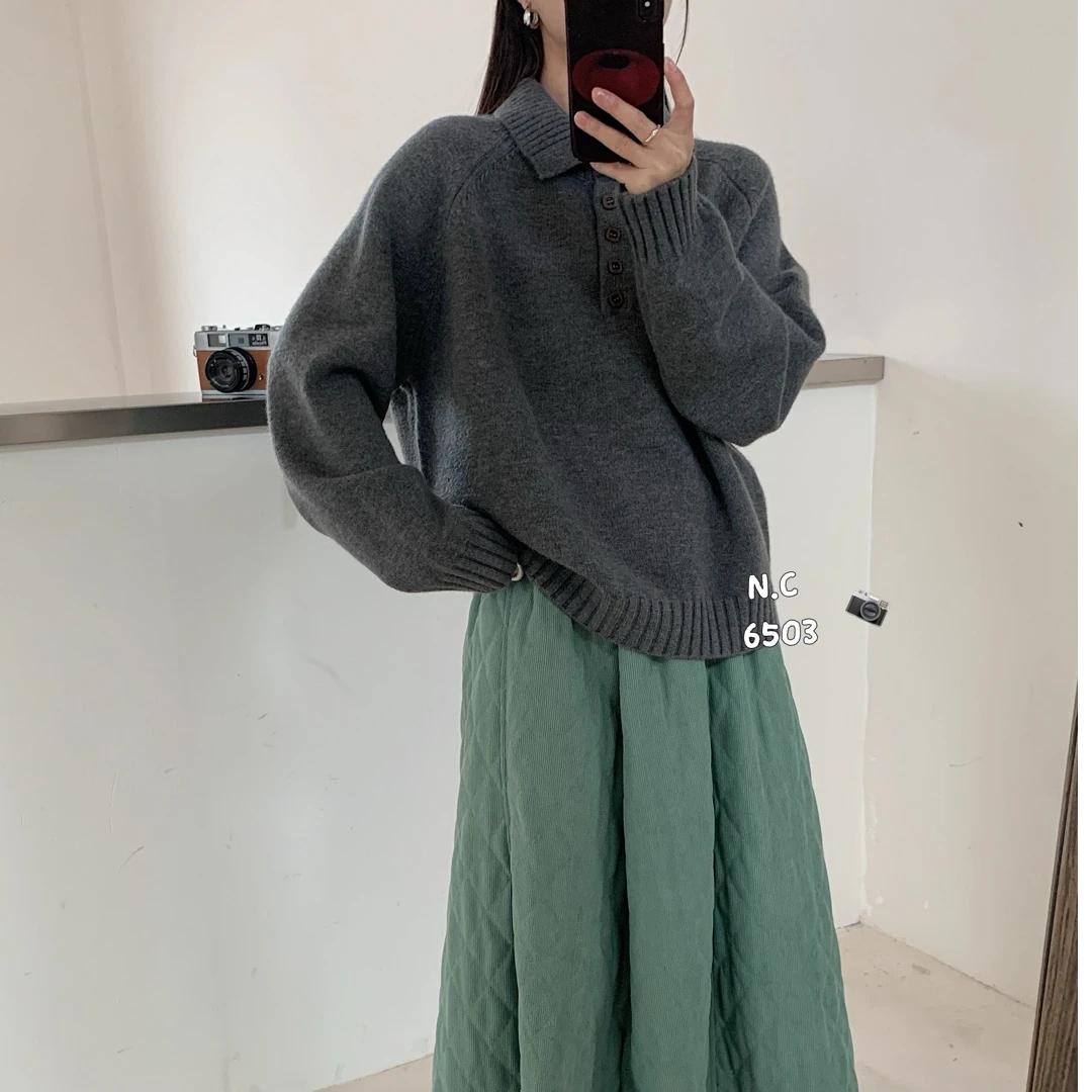 半开扣插肩袖高领内搭毛衣女2025冬季新款韩版宽松简约打底针织衫