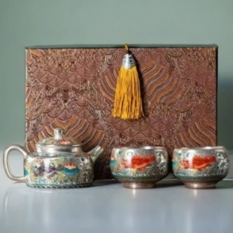 鱼藻G1704纹鎏银汉瓦一壶两杯配流梳礼盒ZHJ