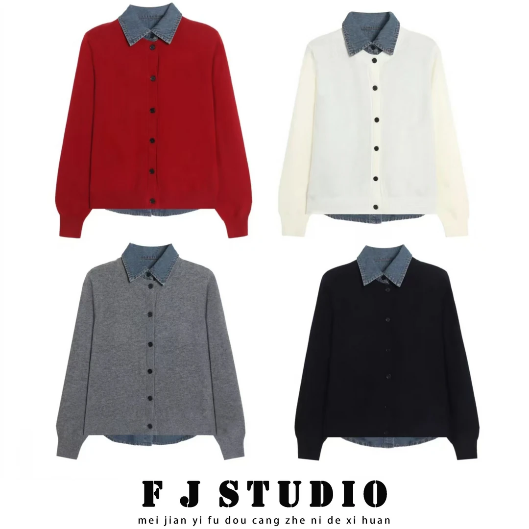 凤姐定制 {气场} F0012026001 新款老钱风牛仔拼接假两件针织开衫