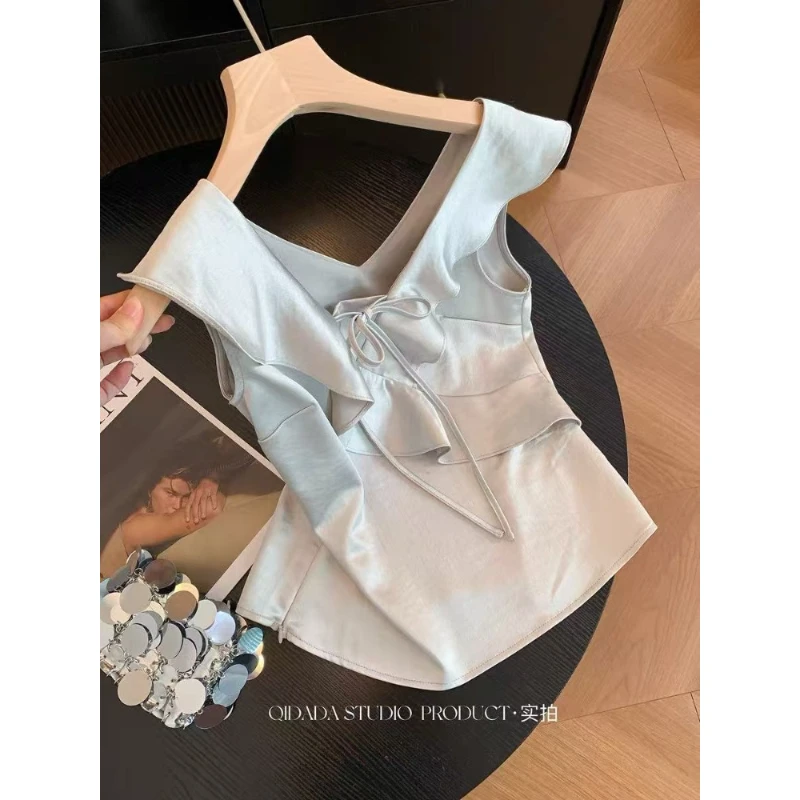 2025夏季法式系带蝴蝶结缎面背心女荷叶边v领吊带别致无袖小上衣