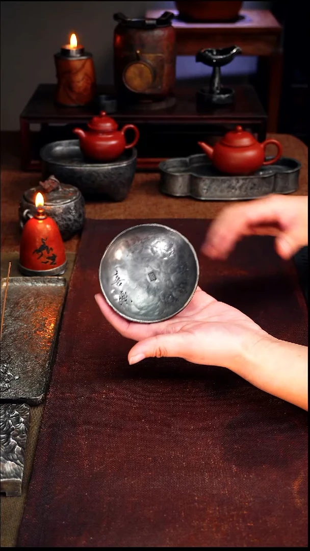 9854纯锡三足喜乐香炉盘直径8.5高3.5