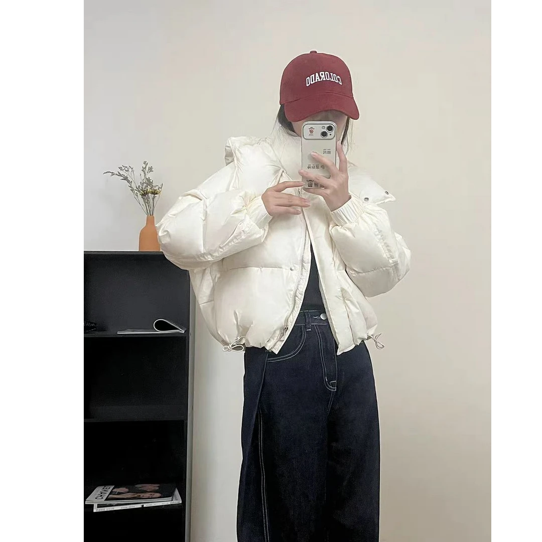 D01 欧货纯色女抽绳连帽保暖外套-衣长59