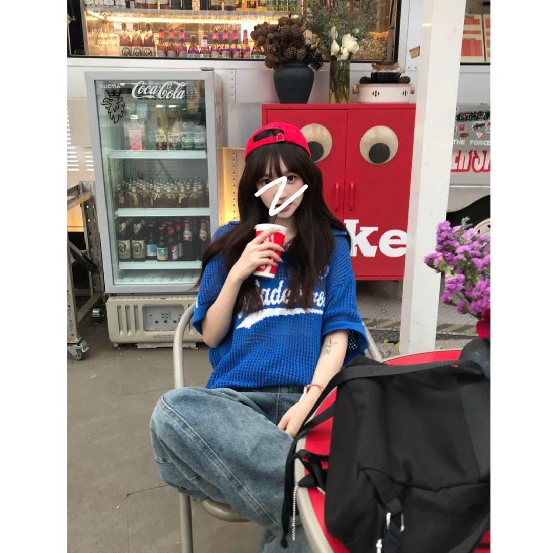 【 PAOMIAN 】“美式玩家”BINFU夏季镂空网眼宽松翻领短袖T恤