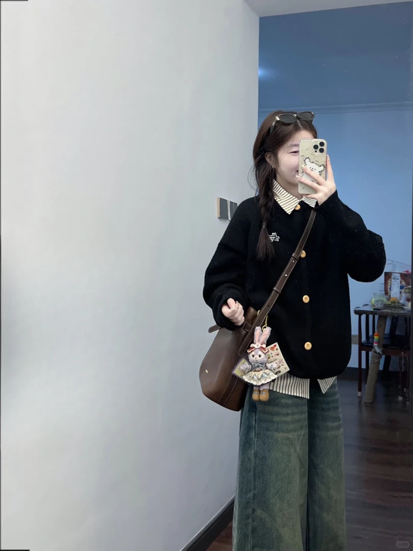 2024秋冬新款设计感百搭假两件针织开衫上衣女高腰牛仔裤两件套潮