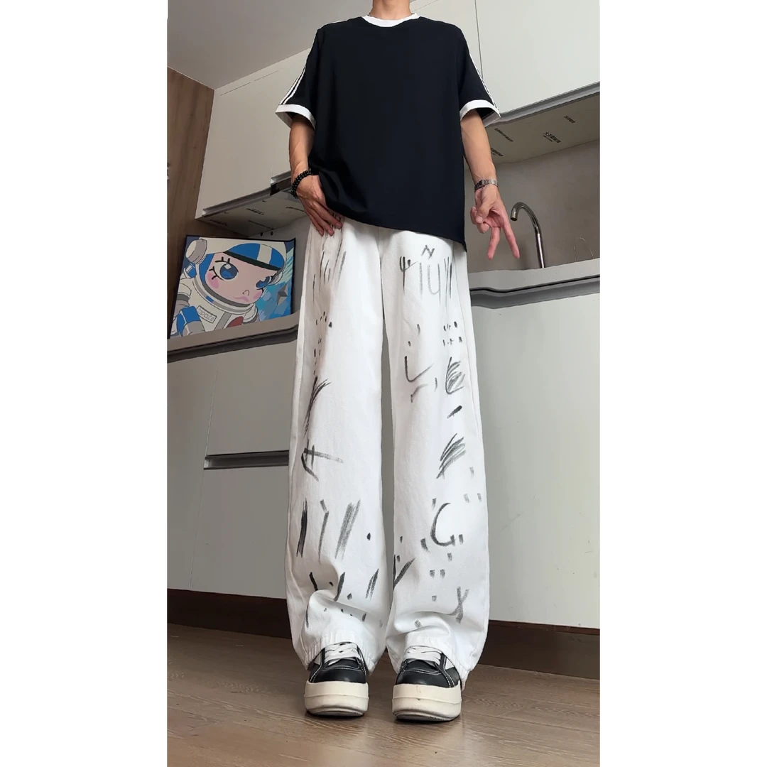 夏季扎染涂鸦高街设计感弯刀牛仔裤潮流小众宽松显瘦阔腿裤子男