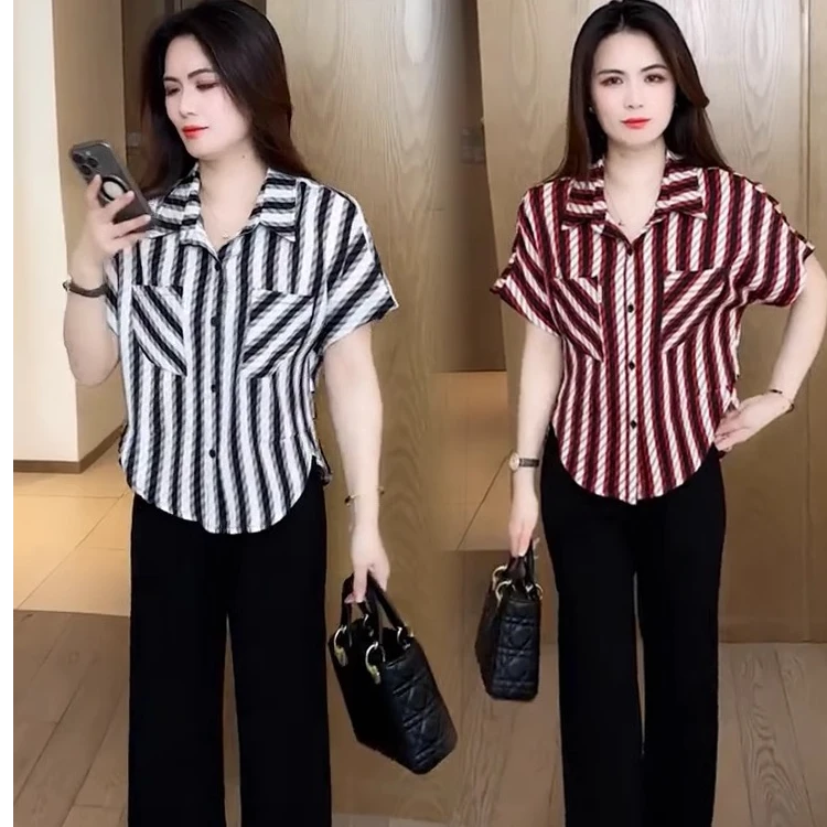 时尚条纹衬衫女士2025夏季新款洋气显瘦短袖衬衣遮肚子宽松上衣