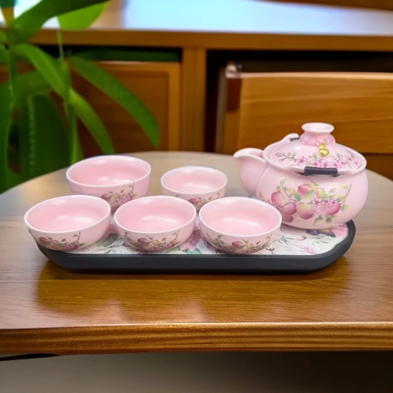 桃夭宝瓶浪漫粉一壶五杯带刺绣包带茶盘旅行茶具
