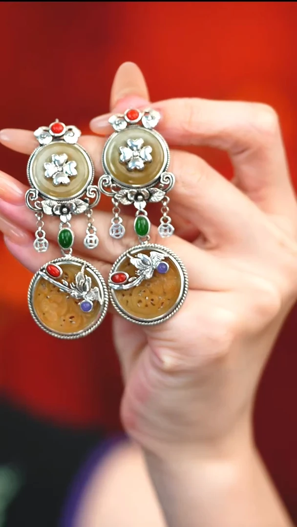 银S925镶嵌翡翠耳饰新款