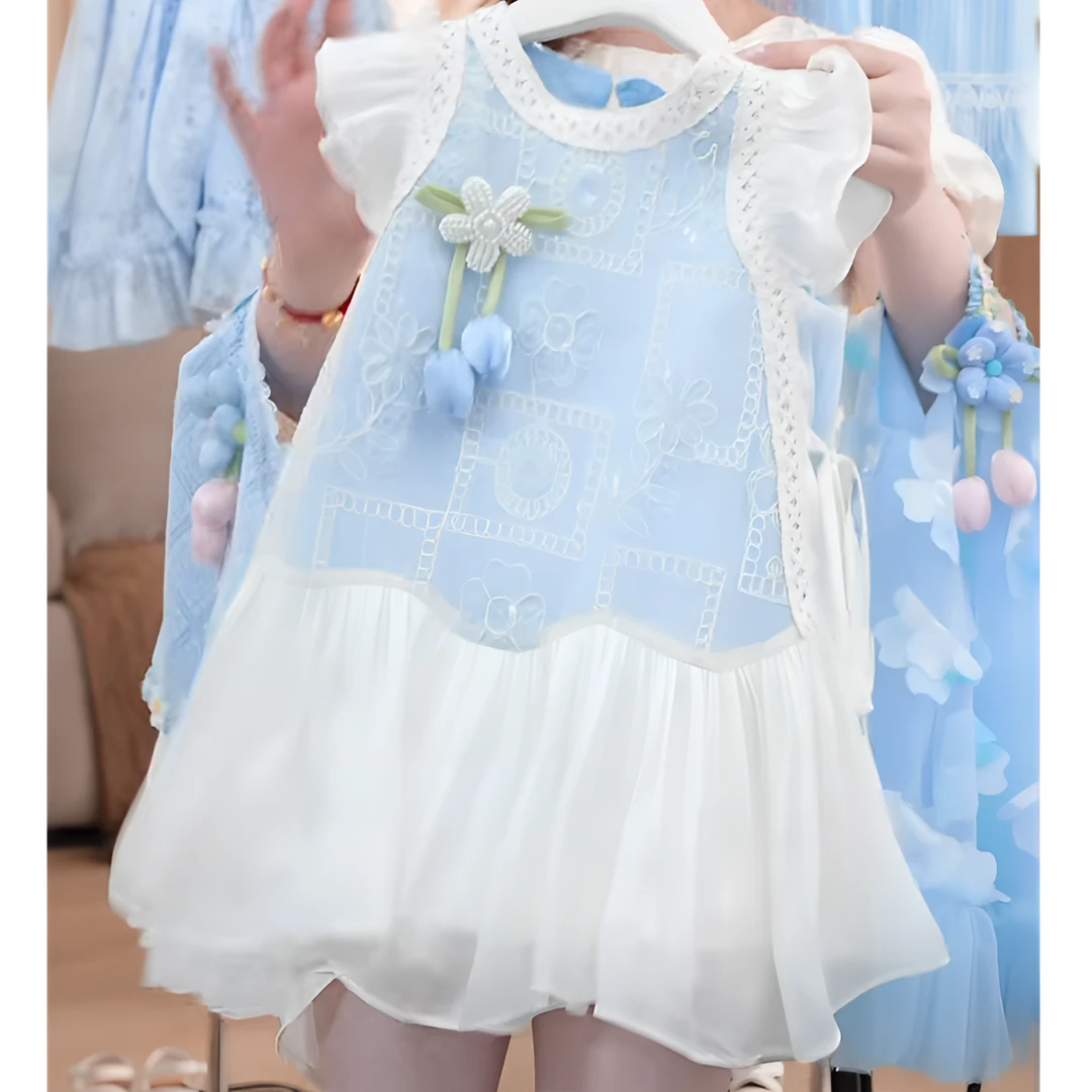 女童连衣裙夏季2025新款儿童洋气花朵网纱裙子小女孩飞飞袖公主裙