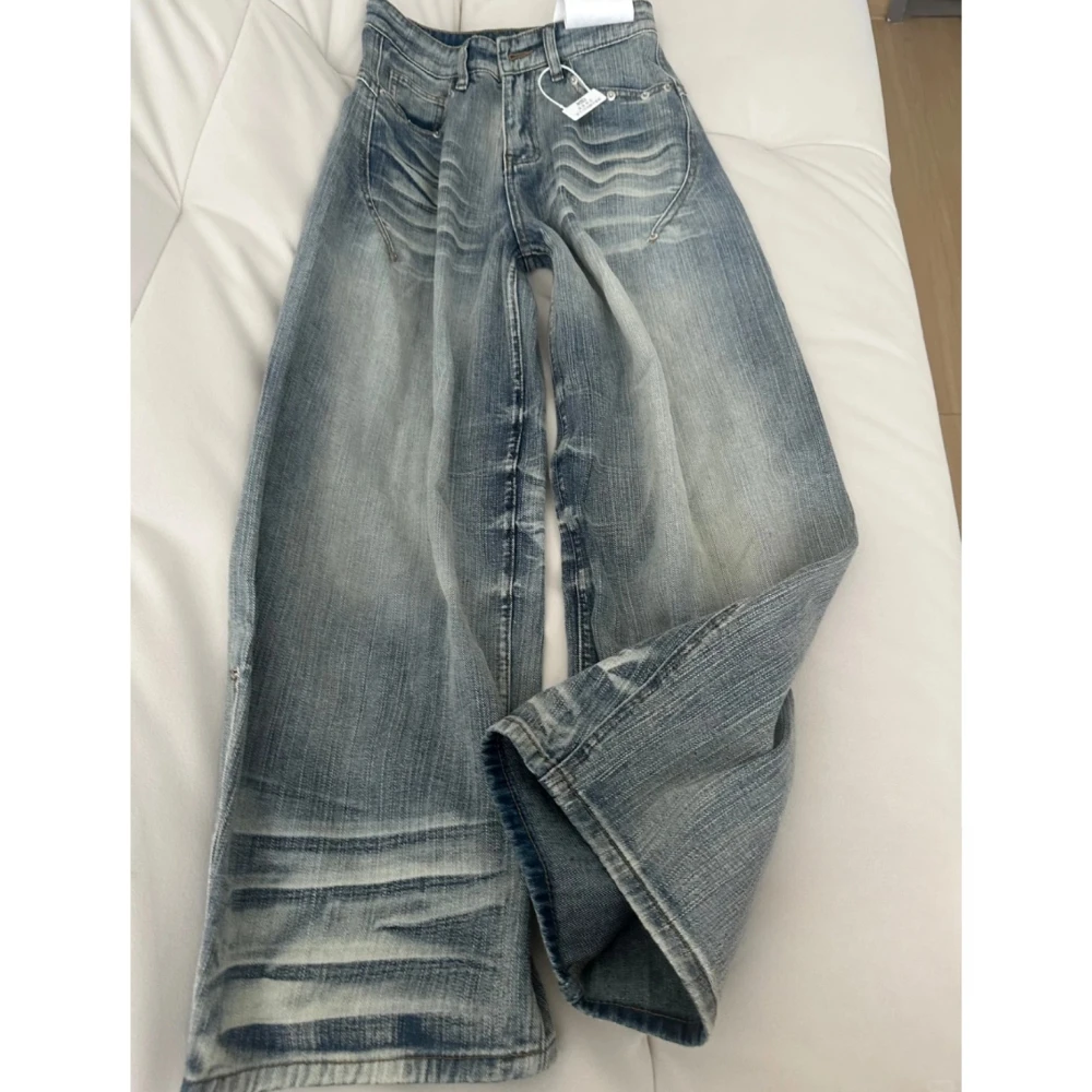 【清仓+运费险】美式水洗做旧阔腿牛仔裤女冬季折痕高腰宽松显瘦裤