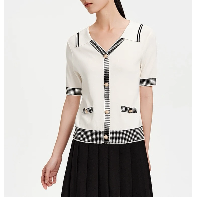 F1494-【依】学院风装饰扣翻领假口袋针织衫#WYX56M036