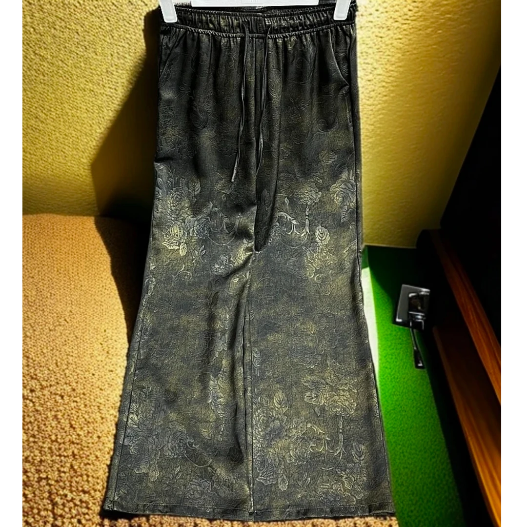 香云老料窄版高腰直筒黑紫金提花女裤修身透气垂感丝滑长裤241