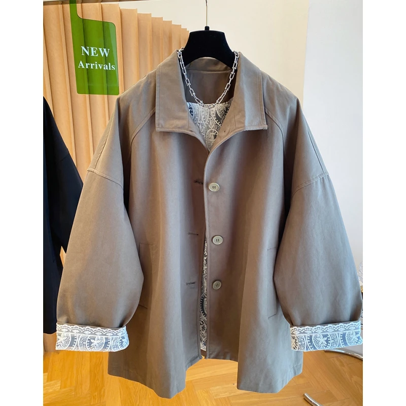 高级感蕾丝拼接翻领风衣外套女2025秋季宽松休闲时尚中长款大衣