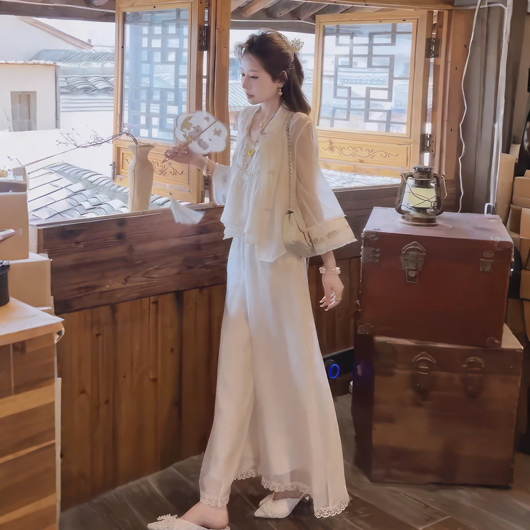 2025新款夏季新款高级轻熟风阔腿裤吊带上衣开衫三件套新中式国潮