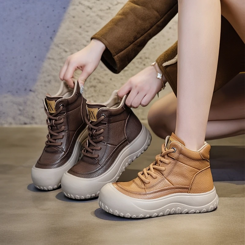 头层牛皮圆包头素面纯色秋季系带高帮鞋时尚百搭休闲软底复古女鞋