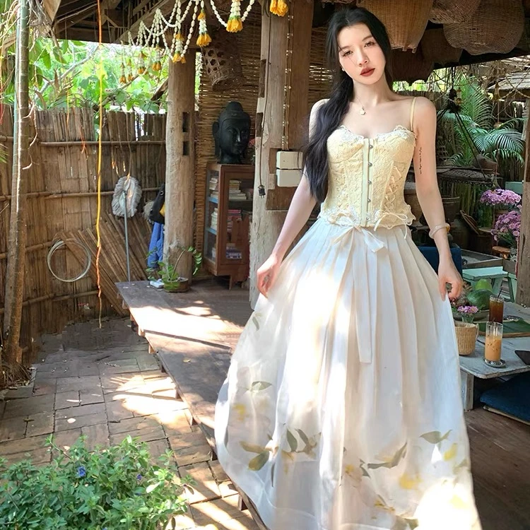 渔小平【黄风铃与粉荔枝】定位印花休闲度假气质半身裙高腰长款裙子