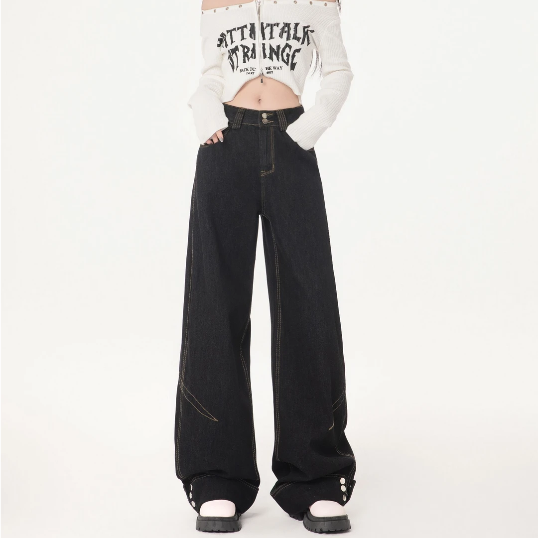 REDR美式重工翻边设计牛仔裤女2025新款黑色高腰宽松阔腿直筒长裤