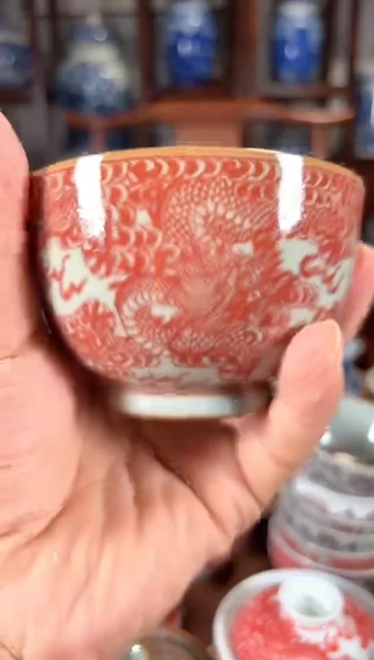 柴窑釉里红九龙杯杯