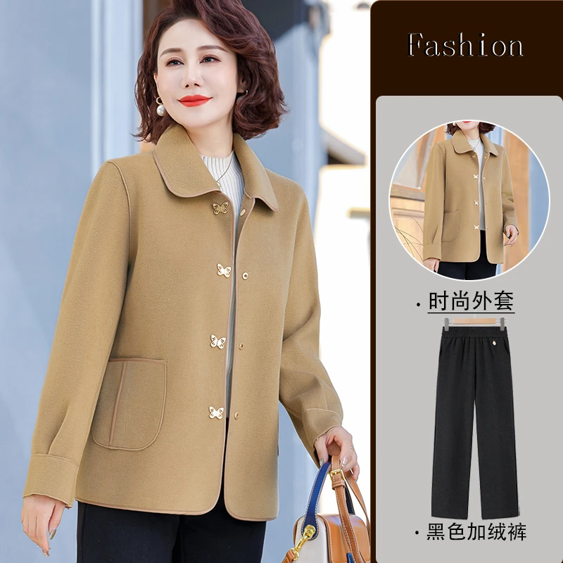 妈妈春秋季双面毛呢外套高档中老年人女装40-50岁母亲洋气上衣服